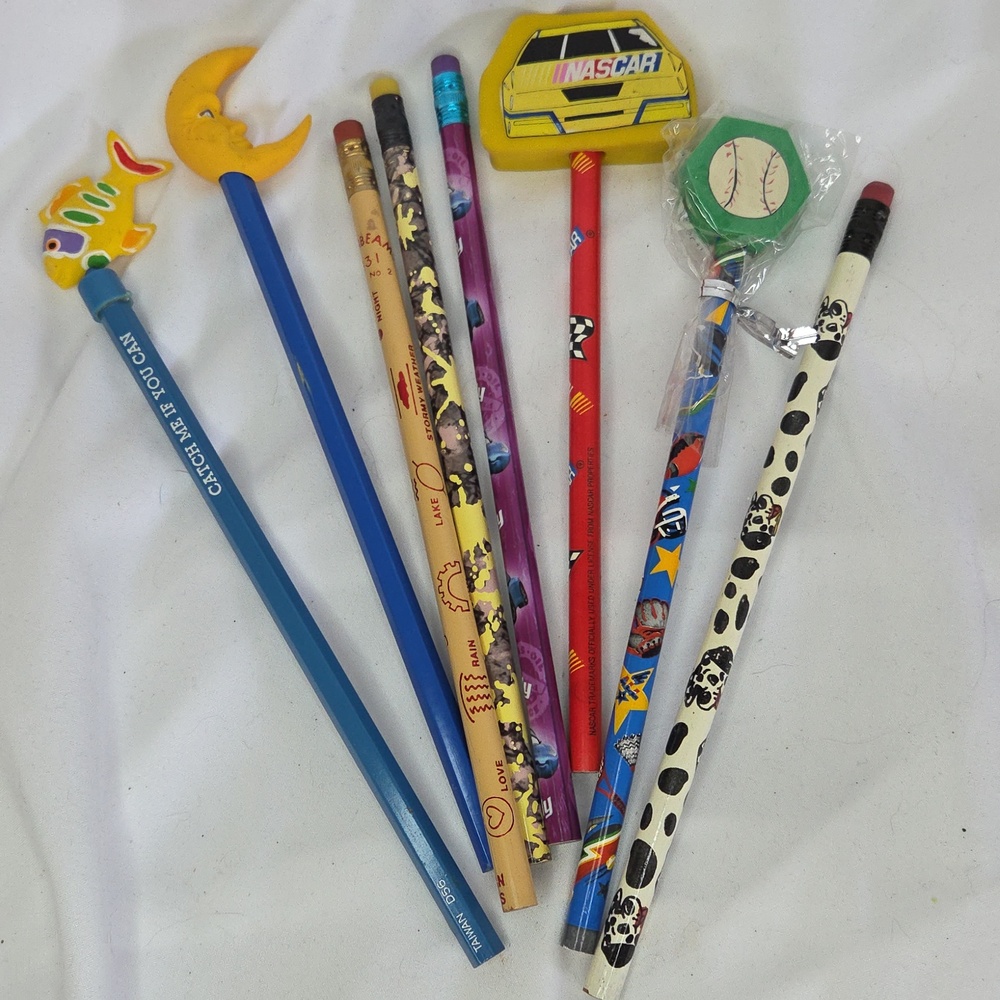 Vintage 1990s Pencil Lot (8) Toppers Cars Baseball Fish